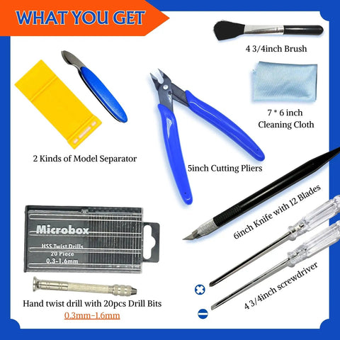 64 Piece Ultimate Hobby Model Tool Kit For Miniature Builds And Gundam Projects, showing pliers, separators, and drill bits display