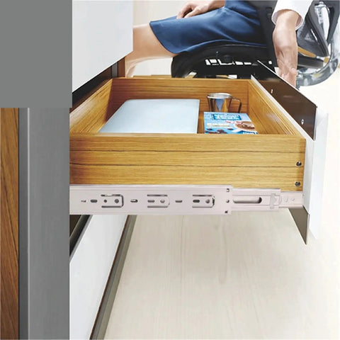 Stainless Steel Drawer Slides 10 To 22 Inch Soft Close Track With Ball Bearing visible on a wooden drawer in kitchen setup