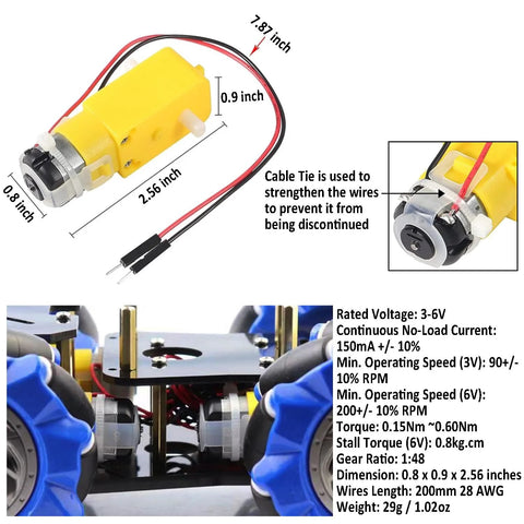 4WD mecanum wheel Arduino chassis with TT motor dimensions and specifications