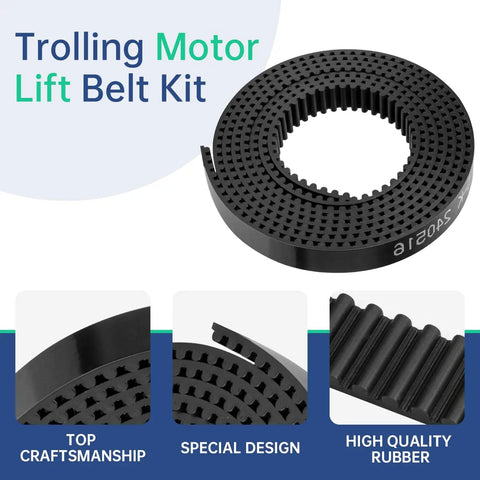 Trolling motor lift belt kit in black high-quality rubber, compatible with Ulterra trolling motors with 45 to 60-inch shaft options.