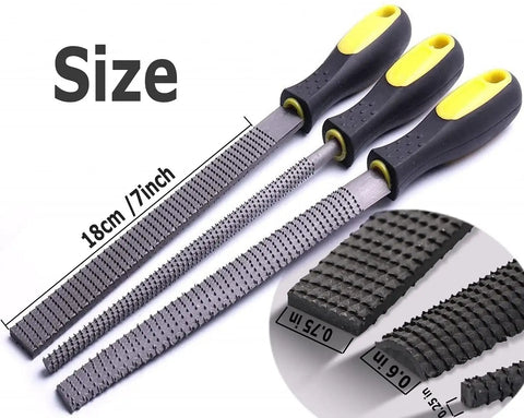 Rugged Workhorse Three Piece Wood Rasp File Set Featuring Round Half Round And Flat Profiles For Quick Shape Ups with rubber handles.