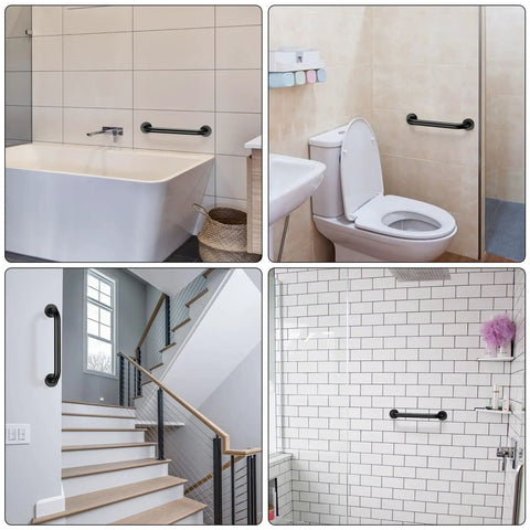 Two Pack 12 Inch Matte Black Shower Grab Bars Stainless Steel Wall Mount Safety Hand Rail For Bathroom Aid Handicap And Elderly Support Rust Resistant Strong Grip Easy Install Non Slip Bath Handle in various settings.