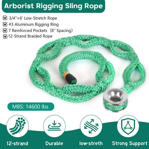 Three Quarter Inch Rigging Ring Sling Rope, 6 Ft Arborist Rope With Aluminum Ring, green rope showing structure and ring detail