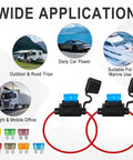 Heavy Duty 12V Waterproof Inline Fuse Holder Kit For Auto Truck Marine RV And Boat Rigs Featuring 35 Assorted Car Fuses Road Ready Plug N Play Hot Wire Protection with fuses and applications.