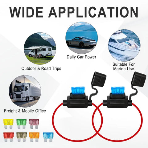 Heavy Duty 12V Waterproof Inline Fuse Holder Kit For Auto Truck Marine RV And Boat Rigs Featuring 35 Assorted Car Fuses Road Ready Plug N Play Hot Wire Protection with fuses and applications.