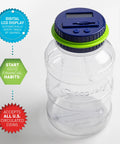 Digital Coin Counter Money Jar With LCD Display And Automatic Piggy Bank For US Coins Battery Powered Savings Jar That Tracks Deposits Kid Approved Gift For Learning Smart Saving Habits, clear plastic body with blue and green lid.