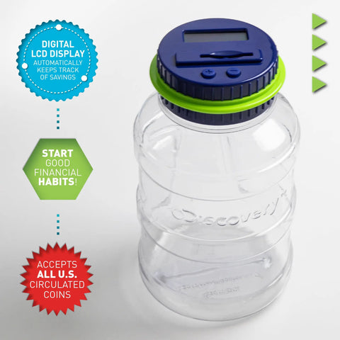 Digital Coin Counter Money Jar With LCD Display And Automatic Piggy Bank For US Coins Battery Powered Savings Jar That Tracks Deposits Kid Approved Gift For Learning Smart Saving Habits, clear plastic body with blue and green lid.
