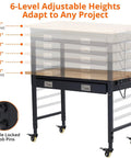 Height-adjustable workbench with locking knob pins, side view of a 72 Inch Heavy Duty Rolling Tool Chest With Stainless Steel Cabinet