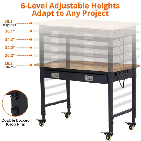 Height-adjustable workbench with locking knob pins, side view of a 72 Inch Heavy Duty Rolling Tool Chest With Stainless Steel Cabinet