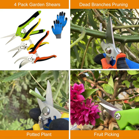 All In One Pruning Shears Kit 4 Pack Garden Clippers With Stainless Steel Blades And Gloves showing usage examples