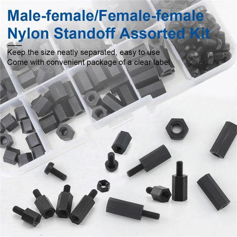 Non Conductive Nylon Hex Spacer Kit Two Pack With Male And Female Standoffs And Plastic Screws Nuts M2.5 M3 M4 For Drone Quad Copter PCBs Circuits Insulation Spacers 240 Pieces, black hex standoffs in organizer