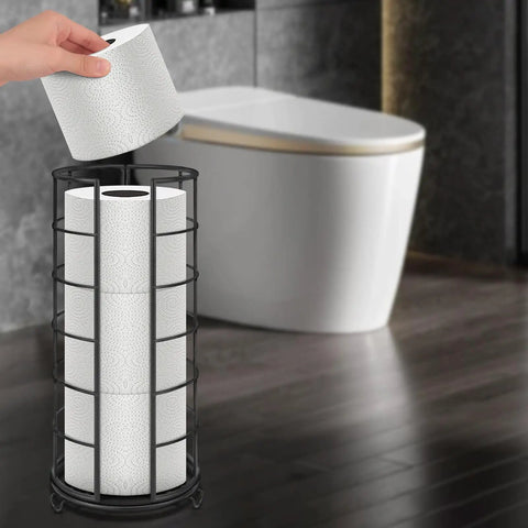 Free Standing Toilet Paper Organizer Stand With Three Roll Capacity Rustproof Metal Bathroom Accessory Matte Black Roll Holder