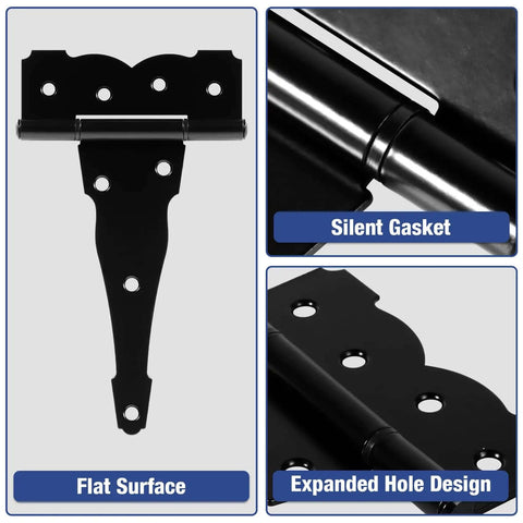 Close-up of 6 Pack Heavy Duty 8 Inch T Strap Barn Door Hinges 2.5mm Thick Steel With 270 Degree Swing showing details and black finish