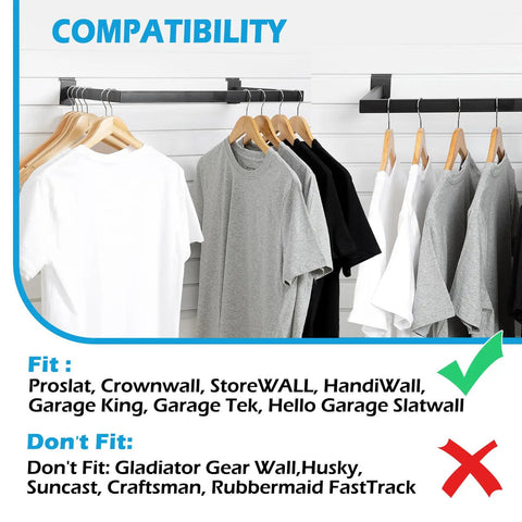 Slatwall U Shaped Hangrail 24x12 Inch Tubing For Retail Displays And Home Garment Storage Durable Steel With Powder Coat Universal Fit On Most Slatwall Panels For Garage And Closet Organization showing compatibility list.