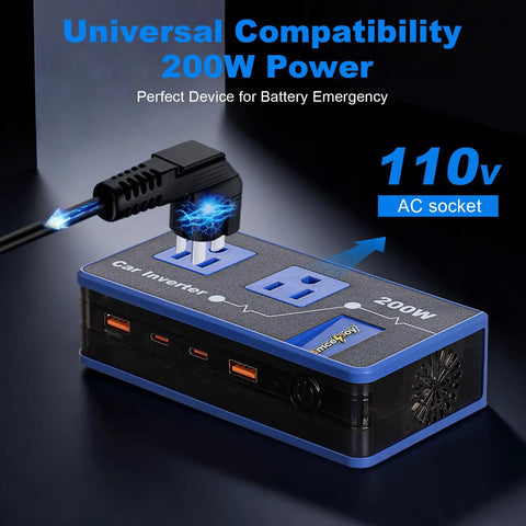 Tailgate Ready 200W Car Power Inverter With Dual 110V AC Outlets And Rapid 24W USB-C Charging For Weekend Warriors And Laptop Power On The Go Sleek Blue Finish.