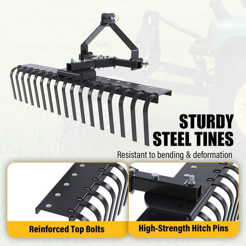 50 Inch Landscape Rake For Category Zero Tractors With Three Point Hitch And Five Position Angle Adjustment, Steel Powder Coated Black