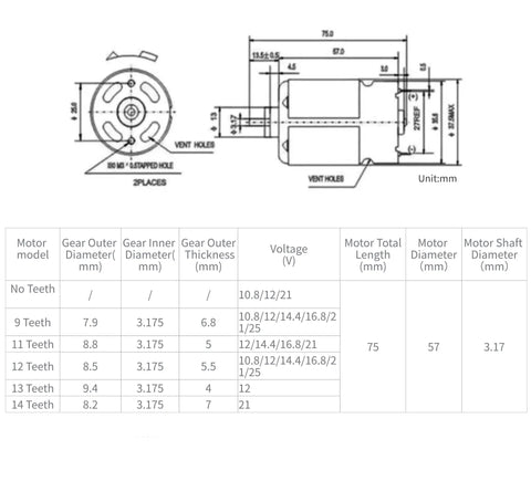 Technical diagram of RS550 21V Replacement Motor With 14 Tooth Gear For Mini Rechargeable Hand Saw showing dimensions and specifications.