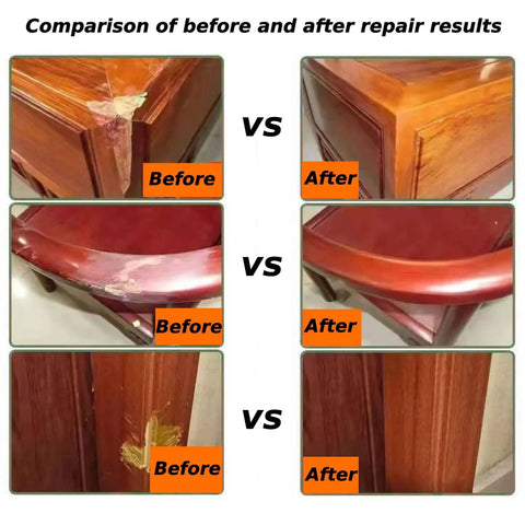 Walnut Wood Filler Putty 9.87 Oz Stainable And Paintable Repair Kit comparison before and after on furniture surfaces.