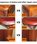 Comparison of before and after repair using Premium White Wood Filler Putty For Furniture Repair on damaged wood surfaces.