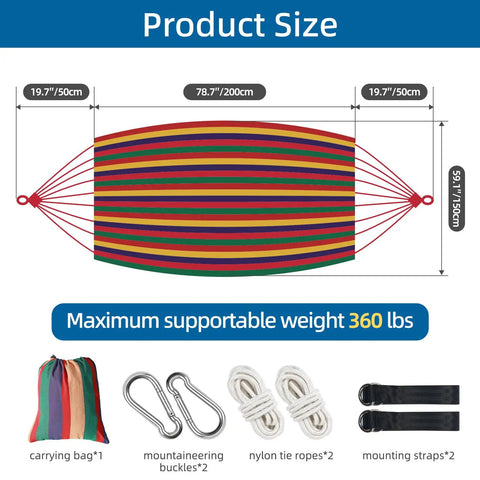 Diagram showing Brazilian Style Double Hammock With Fringe For Two People Outdoor Patio Or Indoors Cozy Breathable Fabric Easy Setup With Straps And Carry Bag Supports Up To 360 Lbs.