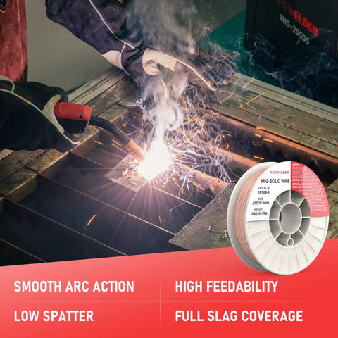 ER70S-6 MIG Welding Wire.030 In 10 Lb Solid Carbon Steel On A Durable ABS Plastic Spool used in welding with sparks and arc