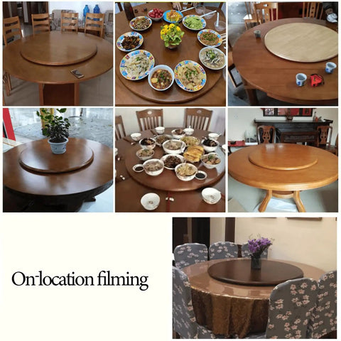 Large Wooden Lazy Susan Turntable For Dining Tables With Smooth Quiet 360 Degree Rotation And Swivel Assist System, ideal for restaurants, brown, showcased in various settings