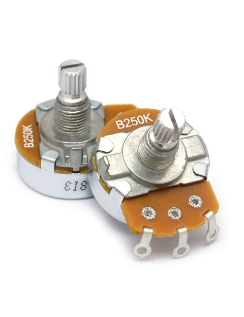 Alpha Pots Linear B250k Tone Potentiometer for Electric Guitars and Basses with 6mm Split Shaft, chrome finish, side view.