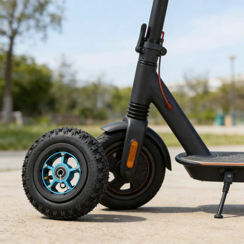 8 Inch Pneumatic Off Road Tire 200x50 for electric skateboard and scooter with blue hub and rubber tread on scooter