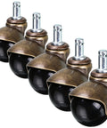 2 Inch Grip Ring Swivel Ball Caster Wheels for Furniture and Office Chairs Pack of 5, bronze finish, arranged in a row