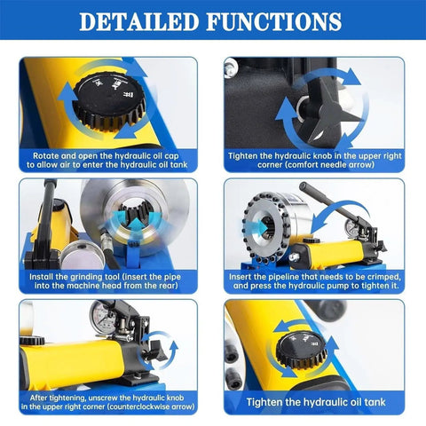 Detailed functions of the No Sweat Pro Grade Manual Hydraulic Hose Crimping Machine featuring operation instructions and tools.