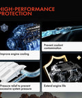 Graphic showing benefits of Heavy Duty Engine Coolant Reservoir With Caps And Sensor For Volvo VNL VHD VNM Trucks 2008 to 2024 And Mack CHU CXU CXN GU4 GU5 GU7 GU8 2008 to 2019, featuring engine cooling, prevention of contamination, pressure relief, and extended engine life.