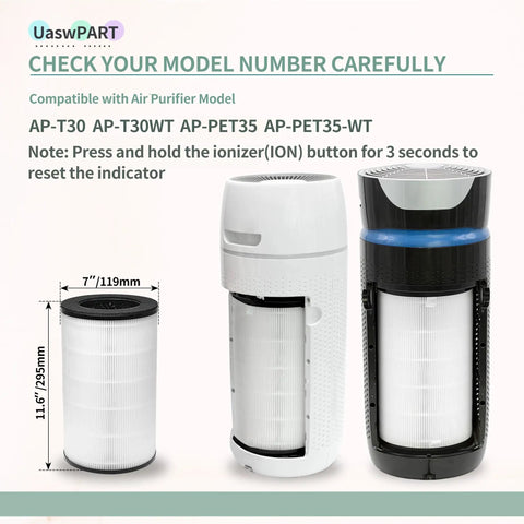 Replacement True HEPA Filter For HoMedics Air Purifier T30 Series AP-T30FL AP-PET35FL AP-T30WT AP-PET35 WT 2-Pack shown with dimensions