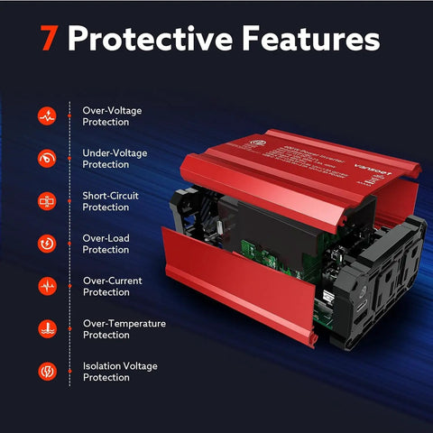 400W Power Inverter Dc 12V To Ac 110V Converter showing seven protective features in red metal housing for vehicle use.