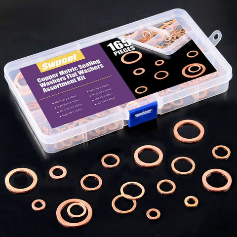 Copper Metric Sealing Washer Set, 165 Pcs in 8 sizes kit, high purity copper washers for electrical connections, shown in box