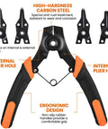 4 In 1 Snap Ring Pliers Set With Interchangeable Jaw Heads For Internal And External Clips, Includes Straight, 45 Degree, And 90 Degree Tips