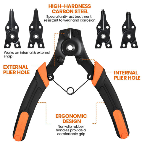 4 In 1 Snap Ring Pliers Set With Interchangeable Jaw Heads For Internal And External Clips, Includes Straight, 45 Degree, And 90 Degree Tips