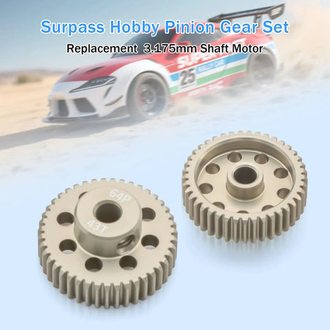 Badass Upgrade For Your Rig With Precision CNC Surface Hardened 64P Aluminum Pinion Gears For 1/10 Scale RC Cars Featuring 3.175mm Shafts Plus Hex Tool And Smooth Gearing 43T detail with two gears.
