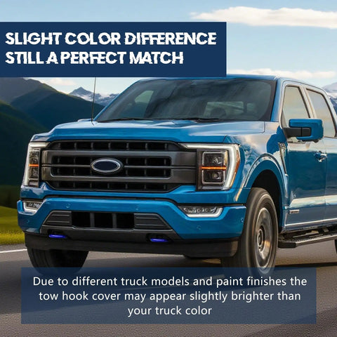 Front Tow Hook Cover Set For Ford F150 2004 To 2025 anti fade blue installed on a blue truck
