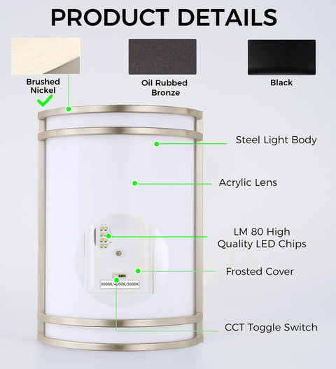 LED Wall Sconce With 3 Color Temperatures 3000K 4000K 5000K Dimmable 15W 120V CRI 90 Plus Brushed Nickel Modern Wall Mount Light front view
