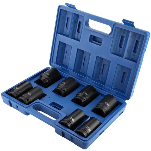 Beefy Deep Impact Socket Set 8 Piece 3 4 Inch Drive Steel Construction 24mm To 38mm in blue storage box for auto repair