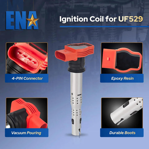 Image of ignition coil for UF529 showing 4-PIN connector, epoxy resin, vacuum pouring, durable boots for VW Audi cars 2005-2016.