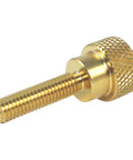 Close-up of a 10 Pack Solid Brass Thumb Screw 10-32 Thread 3/4 Inch Diamond Knurled Head with Straight Shoulders for cabinetry.