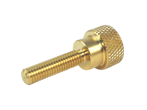 Close-up of a 10 Pack Solid Brass Thumb Screw 10-32 Thread 3/4 Inch Diamond Knurled Head with Straight Shoulders for cabinetry.