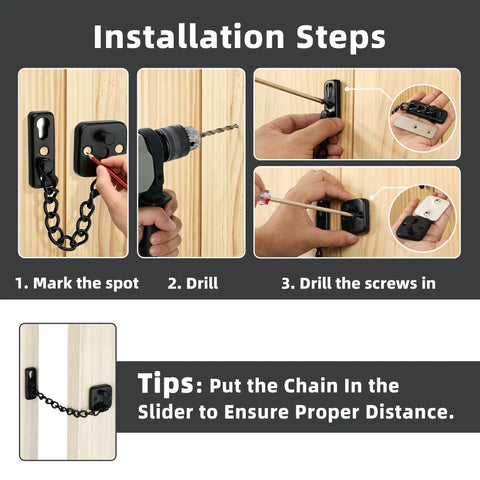 Installation steps for Premium Heavy Duty Door Chain Lock, Matte Black Security Gate Latch, showing marking, drilling, and securing.