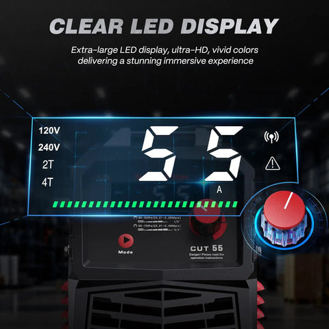 55A Plasma Cutter With NonTouch Pilot Arc And Dual 120 240 Volt IGBT Inverter Large LED Display showing settings for clarity
