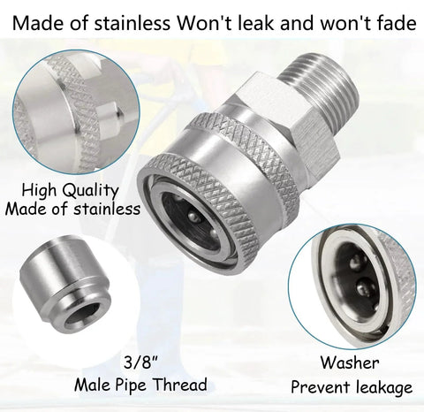 Stainless steel 3/8 inch quick-connect fittings kit with male and female adapters, 4 pieces