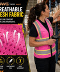 Snug Fit Reflective Safety Vest For Women With Utility Pockets Adjustable Elastic Waist Bright Pink High Vis Construction Gear features breathable mesh fabric.