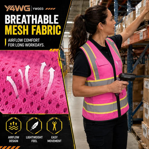 Snug Fit Reflective Safety Vest For Women With Utility Pockets Adjustable Elastic Waist Bright Pink High Vis Construction Gear features breathable mesh fabric.