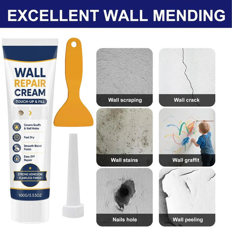 Two Piece Drywall Repair Paste Kit With Heavy Duty Scraper For Quick Hole And Crack Patching Zero Fuss Blending For A Flawless Smooth Surface Before Painting Touchups 100g tube and scraper for wall repair.