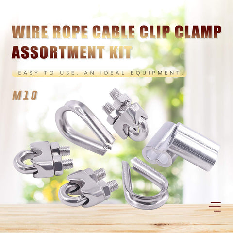 Heavy Duty M10 Wire Rope Accessory Kit With Clip Clamp Thimble And Aluminum Crimp Loop Sleeves on wood surface
